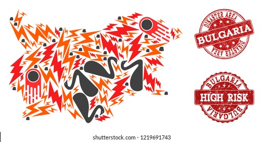 Disaster combination of mosaic map of Bulgaria and rubber seals. Vector red seals with scratched rubber texture for high risk regions. Flat design for disaster posters.