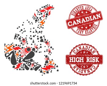 Disaster combination of mosaic map of Canada and rubber seals. Vector red watermarks with scratched rubber texture for high risk regions. Flat design for black swan posters.