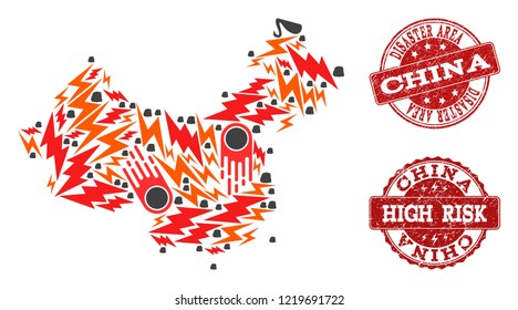 Disaster combination of mosaic map of China and corroded seal stamps. Vector red imprints with corroded rubber texture for high risk regions. Flat design for black swan posters.