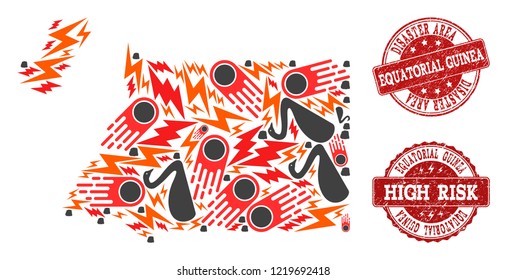 Disaster combination of mosaic map of Equatorial Guinea and grunge stamps. Vector red seals with grunge rubber texture for high risk regions. Flat design for disaster templates.