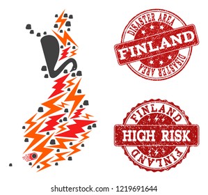 Disaster combination of mosaic map of Finland and corroded seal stamps. Vector red imprints with corroded rubber texture for high risk regions. Flat design for black swan purposes.