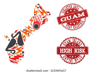 Disaster combination of mosaic map of Guam Island and rubber seal stamps. Vector red imprints with grunge rubber texture for high risk regions. Flat design for black swan illustrations.