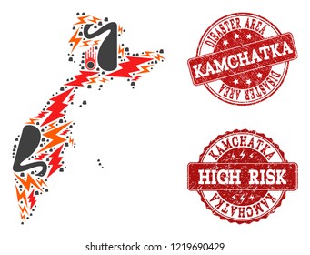 Disaster combination of mosaic map of Kamchatka Peninsula and unclean seals. Vector red seals with corroded rubber texture for high risk regions. Flat design for black swan purposes.