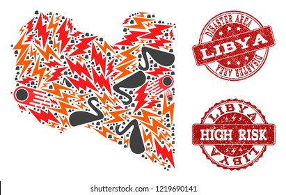 Disaster combination of mosaic map of Libya and corroded seals. Vector red seals with corroded rubber texture for high risk regions. Flat design for black swan posters.