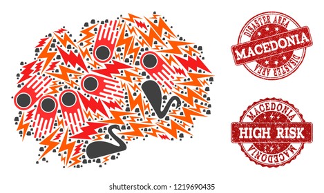 Disaster combination of mosaic map of Macedonia and unclean stamps. Vector red watermarks with grunge rubber texture for high risk regions. Flat design for disaster templates.