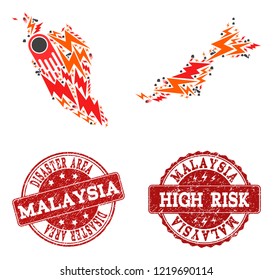 Disaster combination of mosaic map of Malaysia and rubber seals. Vector red imprints with unclean rubber texture for high risk regions. Flat design for disaster illustrations.