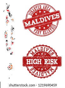 Disaster combination of mosaic map of Maldives and rubber seals. Vector red imprints with unclean rubber texture for high risk regions. Flat design for disaster templates.