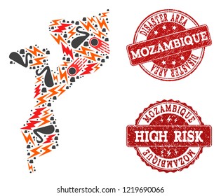 Disaster combination of mosaic map of Mozambique and rubber seal stamps. Vector red seals with distress rubber texture for high risk regions. Flat design for disaster purposes.