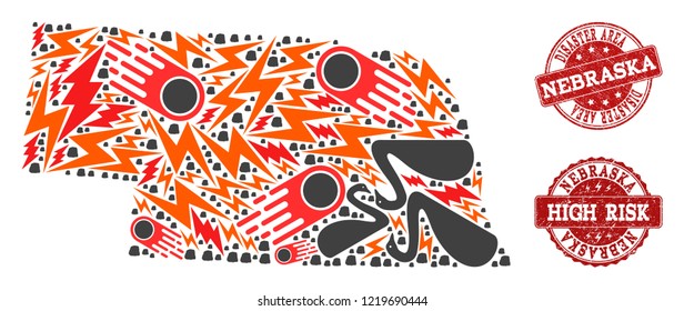 Disaster combination of mosaic map of Nebraska State and rubber seals. Vector red seals with scratched rubber texture for high risk regions. Flat design for apocalypse purposes.
