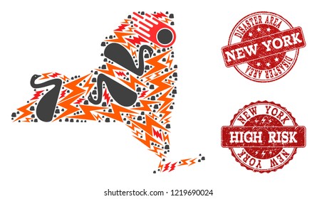 Disaster combination of mosaic map of New York State and rubber seals. Vector red watermarks with distress rubber texture for high risk regions. Flat design for black swan posters.