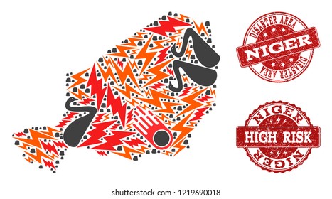 Disaster combination of mosaic map of Niger and rubber seals. Vector red imprints with grunge rubber texture for high risk regions. Flat design for black swan illustrations.