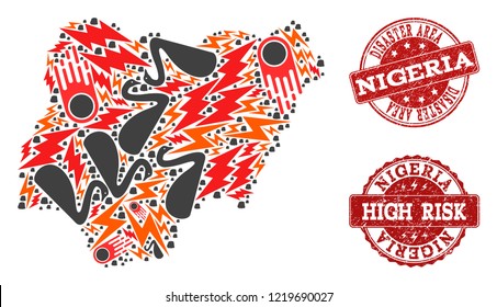 Disaster combination of mosaic map of Nigeria and dirty seals. Vector red seals with grunge rubber texture for high risk regions. Flat design for black swan posters.