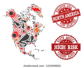 Disaster combination of mosaic map of North America and textured seals. Vector red seals with scratched rubber texture for high risk regions. Flat design for apocalypse posters.