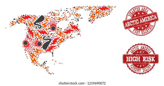 Disaster combination of mosaic map of North America and Greenland and unclean stamps. Vector red seals with unclean rubber texture for high risk regions. Flat design for black swan illustrations.