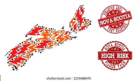 Disaster combination of mosaic map of Nova Scotia Province and unclean seals. Vector red seals with unclean rubber texture for high risk regions. Flat design for crisis templates.