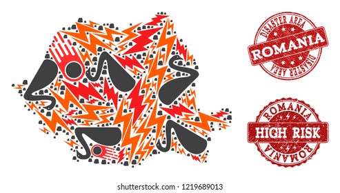 Disaster combination of mosaic map of Romania and textured seals. Vector red seals with unclean rubber texture for high risk regions. Flat design for black swan posters.