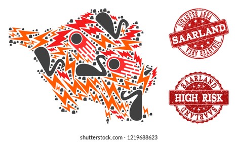 Disaster combination of mosaic map of Saarland State and grunge seals. Vector red seals with corroded rubber texture for high risk regions. Flat design for disaster purposes.