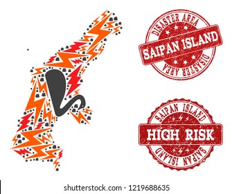 Disaster combination of mosaic map of Saipan Island and rubber seal stamps. Vector red seals with distress rubber texture for high risk regions. Flat design for disaster templates.