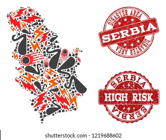 Disaster combination of mosaic map of Serbia and corroded seals. Vector red seals with scratched rubber texture for high risk regions. Flat design for disaster purposes.