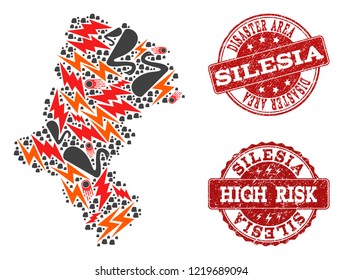 Disaster combination of mosaic map of Silesia Voivodeship and dirty seals. Vector red seals with grunge rubber texture for high risk regions. Flat design for black swan purposes.