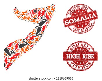 Disaster combination of mosaic map of Somalia and rubber seals. Vector red imprints with grunge rubber texture for high risk regions. Flat design for apocalypse posters.
