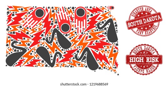 Disaster combination of mosaic map of South Dakota State and rubber seals. Vector red seals with unclean rubber texture for high risk regions. Flat design for black swan templates.