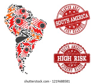 Disaster combination of mosaic map of South America and grunge stamps. Vector red imprints with grunge rubber texture for high risk regions. Flat design for black swan illustrations.