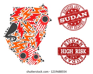 Disaster combination of mosaic map of Sudan and textured seal stamps. Vector red imprints with grunge rubber texture for high risk regions. Flat design for black swan purposes.