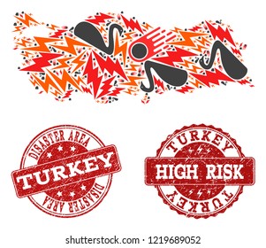 Disaster combination of mosaic map of Turkey and corroded stamps. Vector red watermarks with scratched rubber texture for high risk regions. Flat design for disaster purposes.