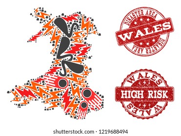 Disaster combination of mosaic map of Wales and unclean stamps. Vector red watermarks with unclean rubber texture for high risk regions. Flat design for black swan templates.