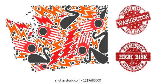 Disaster combination of mosaic map of Washington State and corroded stamps. Vector red seals with corroded rubber texture for high risk regions. Flat design for apocalypse purposes.