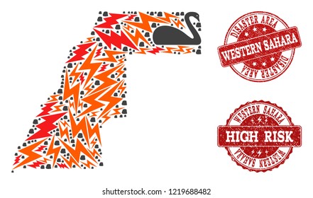 Disaster combination of mosaic map of Western Sahara and scratched stamps. Vector red imprints with scratched rubber texture for high risk regions. Flat design for disaster illustrations.
