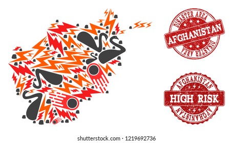 Disaster composition of mosaic map of Afghanistan and corroded seals. Vector red seals with grunge rubber texture for high risk regions. Flat design for disaster templates.