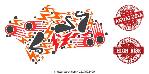 Disaster composition of mosaic map of Andalusia Province and scratched stamps. Vector red seals with scratched rubber texture for high risk regions. Flat design for disaster purposes.