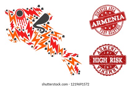 Disaster composition of mosaic map of Armenia and rubber stamps. Vector red watermarks with distress rubber texture for high risk regions. Flat design for black swan templates.