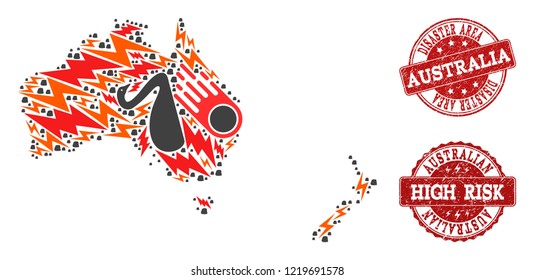Disaster composition of mosaic map of Australia and New Zealand and rubber seals. Vector red seals with corroded rubber texture for high risk regions. Flat design for accident posters.