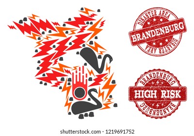 Disaster composition of mosaic map of Brandenburg State and unclean seals. Vector red seals with corroded rubber texture for high risk regions. Flat design for crisis purposes.