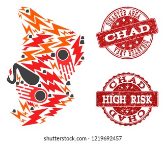 Disaster composition of mosaic map of Chad and scratched seals. Vector red watermarks with scratched rubber texture for high risk regions. Flat design for disaster templates.