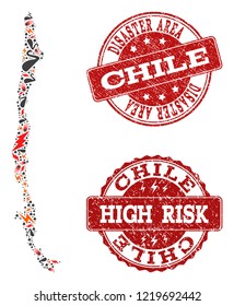 Disaster composition of mosaic map of Chile and scratched seal stamps. Vector red watermarks with scratched rubber texture for high risk regions. Flat design for black swan purposes.