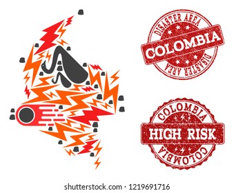 Disaster composition of mosaic map of Colombia and rubber stamps. Vector red seals with distress rubber texture for high risk regions. Flat design for black swan posters.