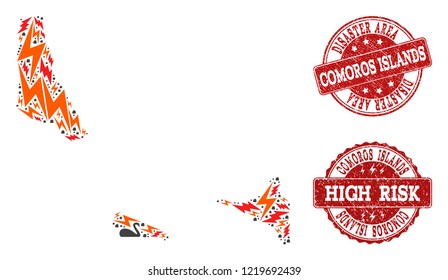 Disaster composition of mosaic map of Comoros Islands and rubber seal stamps. Vector red watermarks with unclean rubber texture for high risk regions. Flat design for disaster templates.
