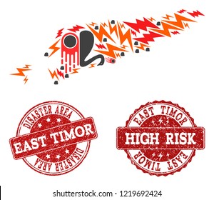 Disaster composition of mosaic map of East Timor and rubber seals. Vector red seals with grunge rubber texture for high risk regions. Flat design for black swan purposes.