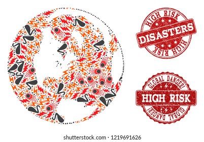 Disaster composition of mosaic map of global world and grunge seals. Vector red seals with grunge rubber texture for high risk regions. Flat design for problem illustrations.