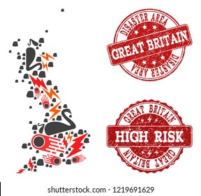 Disaster composition of mosaic map of Great Britain and grunge seals. Vector red seals with grunge rubber texture for high risk regions. Flat design for crisis templates.