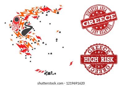 Disaster composition of mosaic map of Greece and unclean stamps. Vector red seals with unclean rubber texture for high risk regions. Flat design for disaster posters.