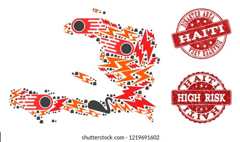 Disaster composition of mosaic map of Haiti and rubber stamps. Vector red watermarks with corroded rubber texture for high risk regions. Flat design for disaster templates.