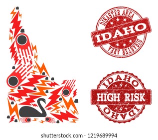 Disaster composition of mosaic map of Idaho State and unclean seal stamps. Vector red watermarks with unclean rubber texture for high risk regions. Flat design for disaster templates.