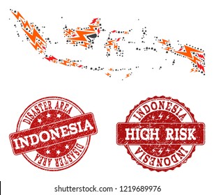 Disaster composition of mosaic map of Indonesia and dirty seal stamps. Vector red watermarks with grunge rubber texture for high risk regions. Flat design for disaster posters.