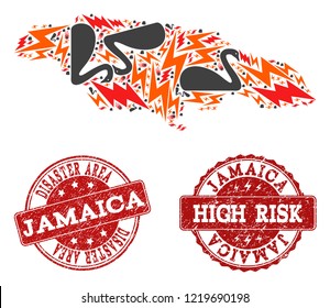 Disaster composition of mosaic map of Jamaica and rubber stamps. Vector red imprints with unclean rubber texture for high risk regions. Flat design for black swan illustrations.
