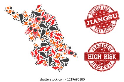 Disaster composition of mosaic Map of Jiangsu Province and scratched seal stamps. Vector red imprints with scratched rubber texture for high risk regions. Flat design for black swan posters.